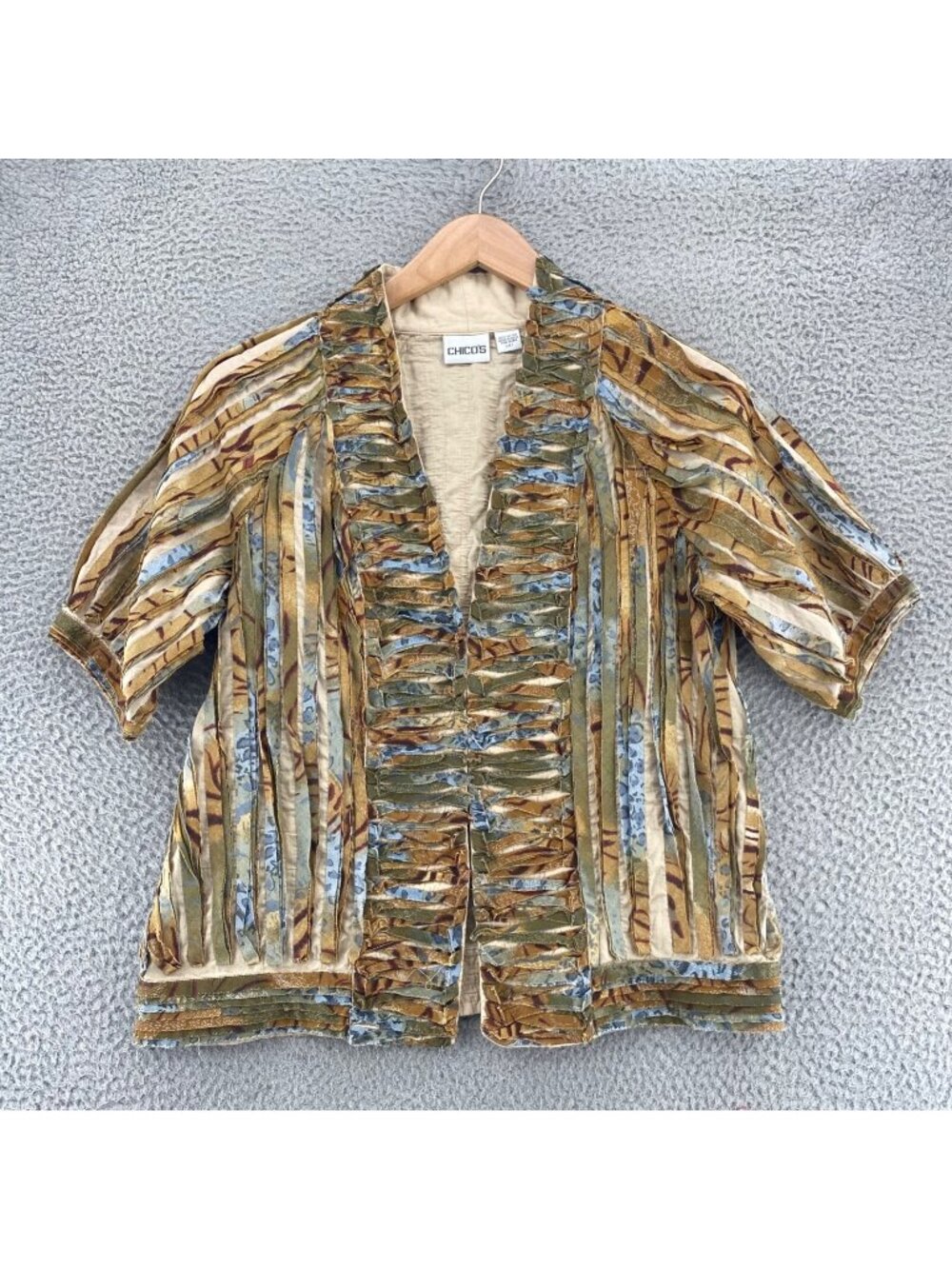 Chicos Jacket Womens 1 US Medium Brown Animal Print Raw Edge Short Sleeves Boho